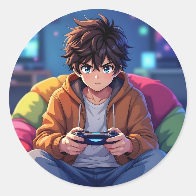 Sticker Rond Garçon Anime jouant à un jeu vidéo  (Devant)