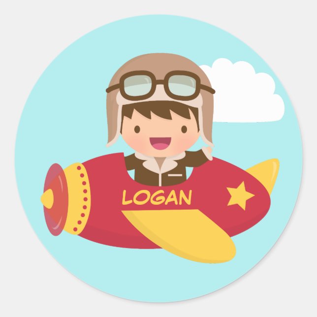 Sticker Rond Garçon Aviateur Mignon Aventure en Avion Pour Enfa (Devant)