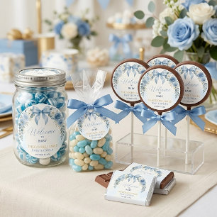 Sticker Rond Garçon Baby Shower Fleur Ruban Nœud Bleu Clair