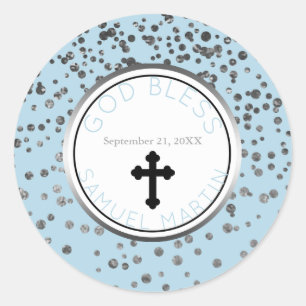 Sticker Rond Garçon Bleu Argent Personnalisé Faveur Religieuse