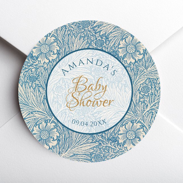 Sticker Rond Garçon bleu Baby Shower Floral Script Marigold Mor (Créateur téléchargé)