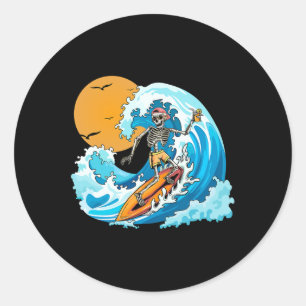 Sticker Rond Garçon Cool Vacances D'été Squelette Surf Hawaï H