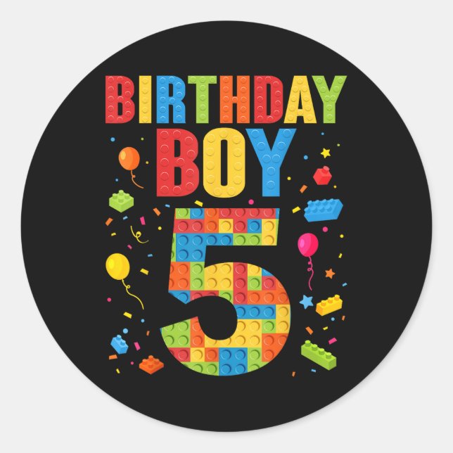 Sticker Rond Garçon d'anniversaire 5 ans Blocs de construction  (Devant)
