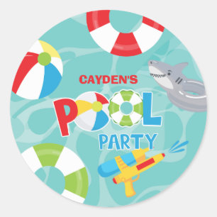 Sticker Rond Garçon d'anniversaire de fête à la piscine requin 