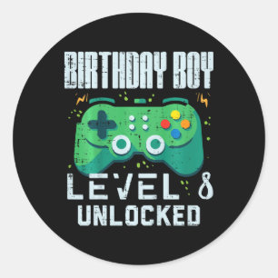 Sticker Rond Garçon d'anniversaire enfant Niveau 8 Débloqué Man