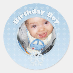 Sticker Rond Garçon d'anniversaire Hiver Onederland Bleu photo 