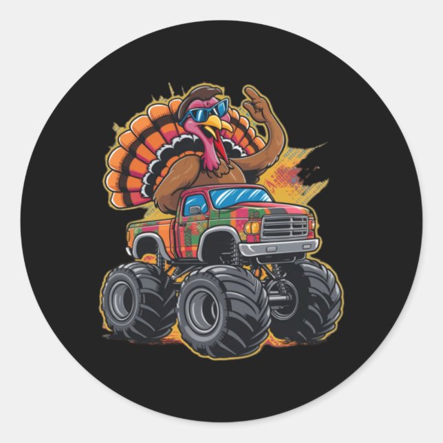 Sticker Rond Garçon de dinde de Thanksgiving conduisant un cami (Devant)