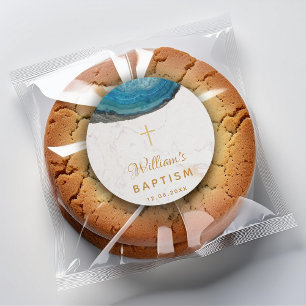 Sticker Rond Garçon de géode bleue baptême marbre blanc croix d