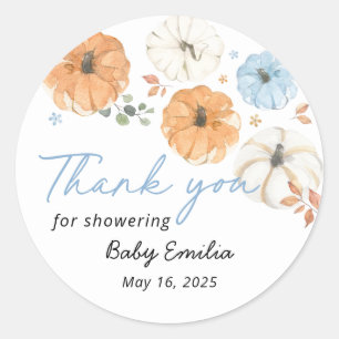 Sticker Rond Garçon de la citrouille bleue Baby Shower Merci Fa
