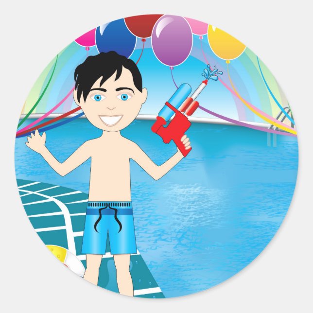 Sticker Rond Garçon de piscine au pistolet à eau (Devant)