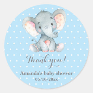 Sticker Rond Garçon Eléphant Bébé Douche Bleu Merci Favoriser