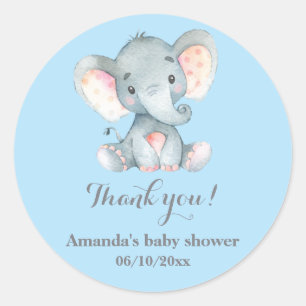 Sticker Rond Garçon Eléphant Bébé Douche Bleu Merci Favoriser