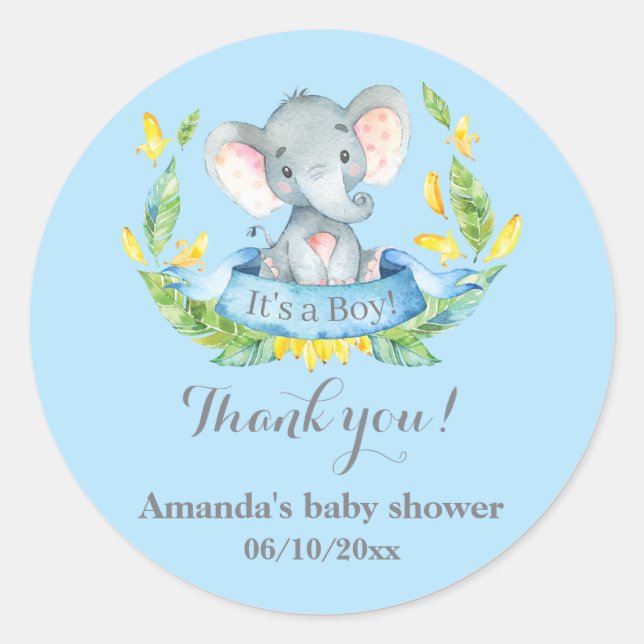 Sticker Rond Garçon Eléphant Bébé Douche Bleu Merci Favoriser (Devant)