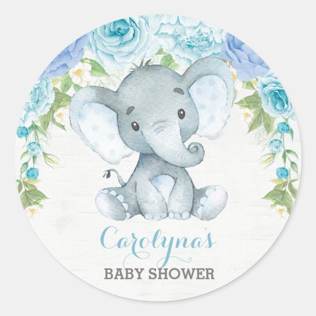 Sticker Rond Garçon Elephant bleu Rose Peony Baby shower Faveur (Devant)