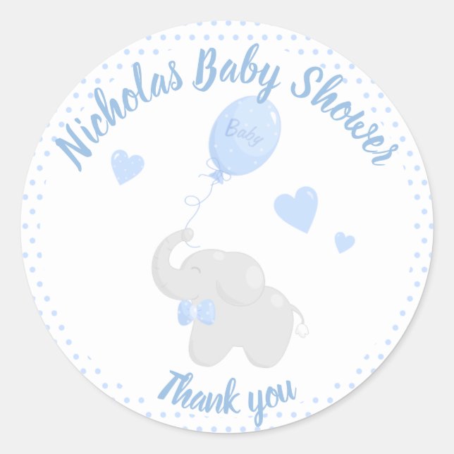 Sticker Rond Garçon Elephant Merci Baby shower bleu Favoriser (Devant)