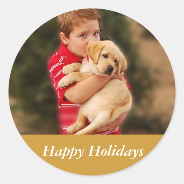 Sticker Rond Garçon et nouveau chiot pour Noël (Devant)