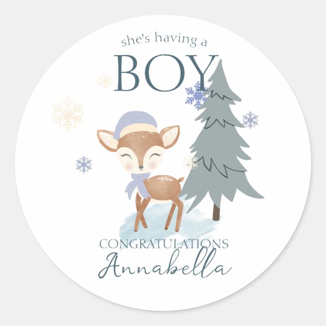 Sticker Rond Garçon Faon de Cerf Bébé Hiver Mignon (Devant)
