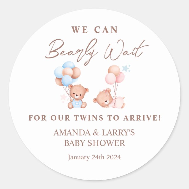 Sticker Rond Garçon Fille Twins Teddy Baby shower Ours (Devant)