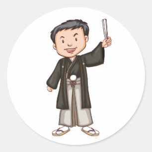 Sticker Rond Garçon Japonais Mignon en Kimono Traditionnel Haka