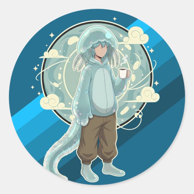 Sticker Rond Garçon Méduse Anime Café Art (Devant)
