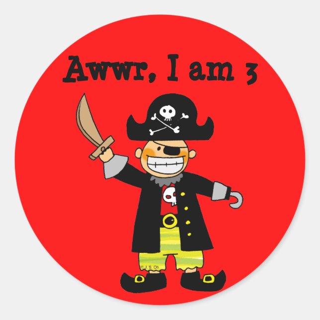 Sticker Rond garçon pirate de 3 ans (Devant)