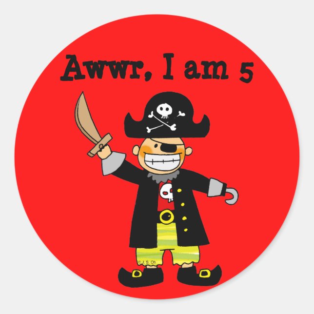 Sticker Rond garçon pirate de 5 ans (Devant)