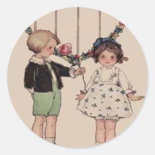 Sticker Rond Garçon Rétro Vintage Offrant une Fleur à une Fille