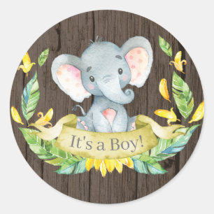 Sticker Rond Garçon Rustique Éléphant Baby Shower Jaune