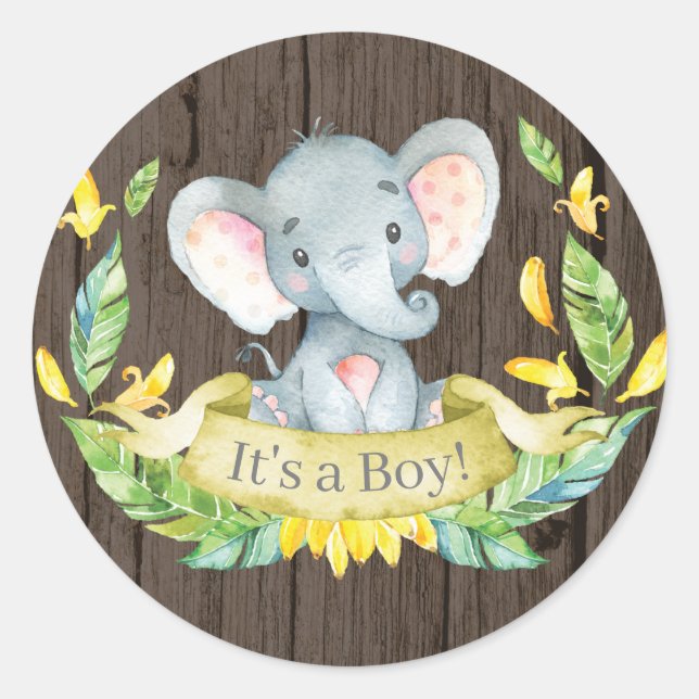 Sticker Rond Garçon Rustique Éléphant Baby Shower Jaune (Devant)