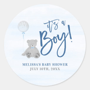 Sticker Rond Garçon Teddy Ours Bleu gris Baby shower de ballon
