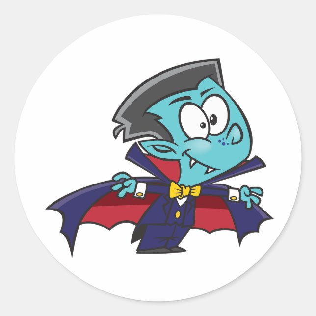 Sticker Rond Garçon Vampire Bleu avec Capeau Dracula Mignon (Devant)