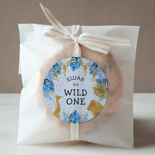 Sticker Rond Garçons 1er anniversaire fête Blue Jungle Safari