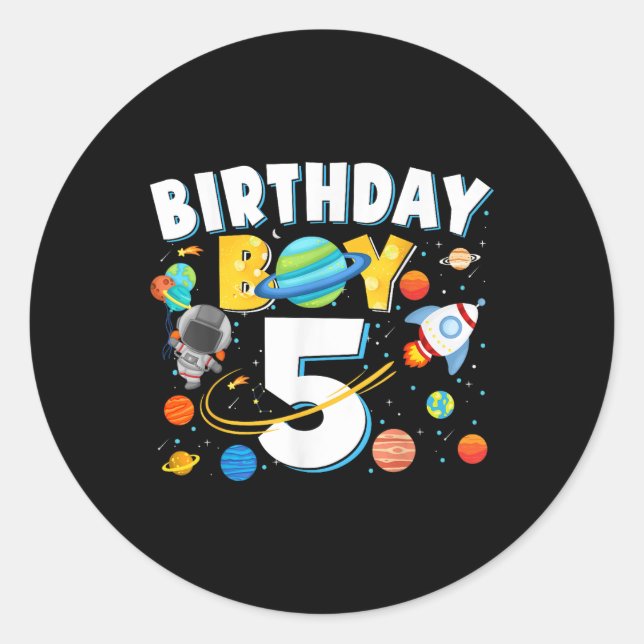 Sticker Rond Garçons 5e anniversaire Astronaut planètes spatial (Devant)