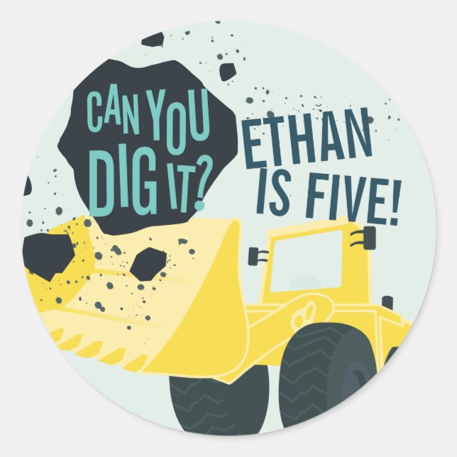 Sticker Rond Garçons Anniversaire Construction Camion Bleu Jaun (Devant)