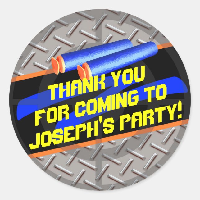 Sticker Rond Garçons Anniversaire Fête Dart Wars Merci Favorise (Devant)
