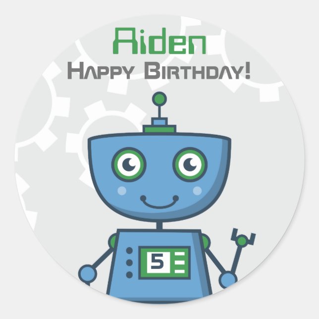 Sticker Rond Garçons au robot bleu Joyeux Anniversaire (Devant)