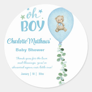 Sticker Rond Garçons Bear Blue Balloon Eucalyptus Baby shower