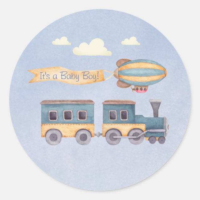 Sticker Rond Garçon's Jouets en bois Blue Baby shower Train (Devant)
