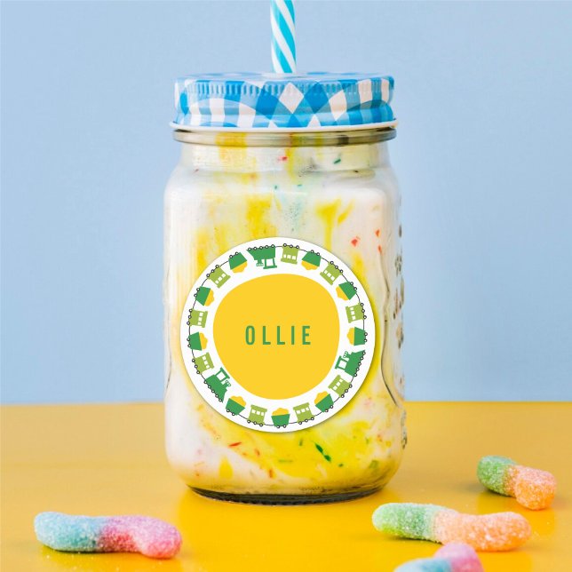 Sticker Rond Garçons Jouets Trains verts Fête d'anniversaire de (Boys Toys Green Trains Kid's Birthday Party Favor Sticker / Drinks / Food Label @ fatfatin_mini_me)