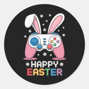 Sticker Rond Garçons Joyeuse fête de Pâques Lapin Œuf Jeu Vidéo