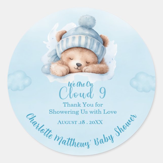 Sticker Rond Garçons Ourson Nuage Neuf 9  Baby Shower (Devant)