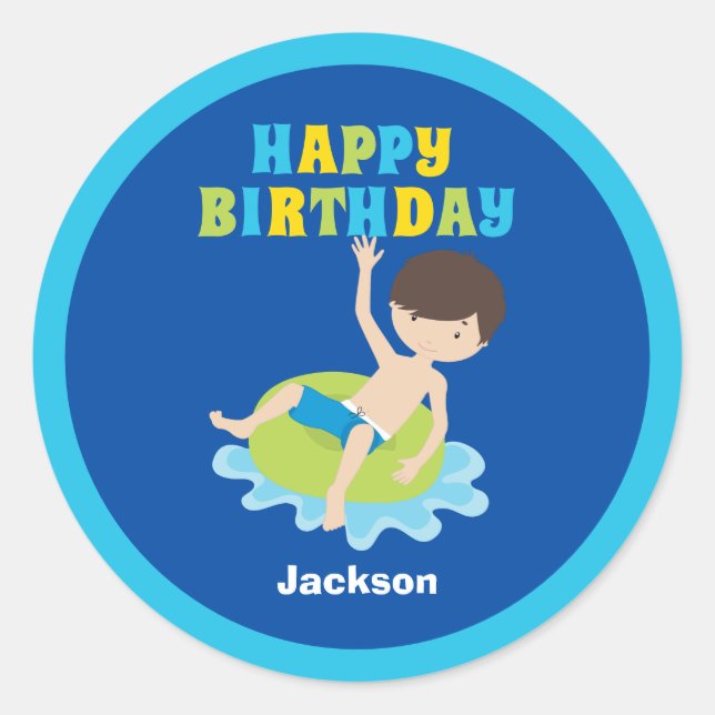 Sticker Rond Garçons Piscine Fête Enfants Bleu Anniversaire (Devant)