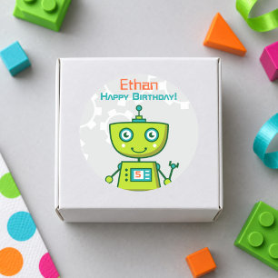 Sticker Rond Garçons Robot Vert Joyeux Anniversaire
