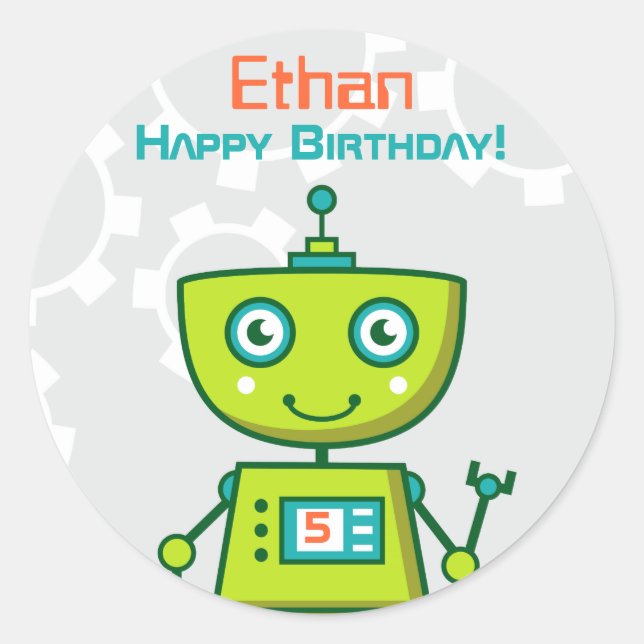Sticker Rond Garçons Robot Vert Joyeux Anniversaire (Devant)