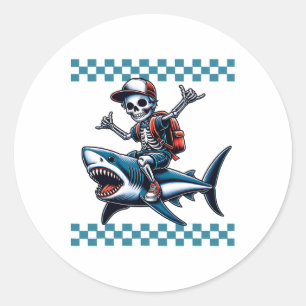 Sticker Rond Garçons squelette à cheval sur un requin retour à