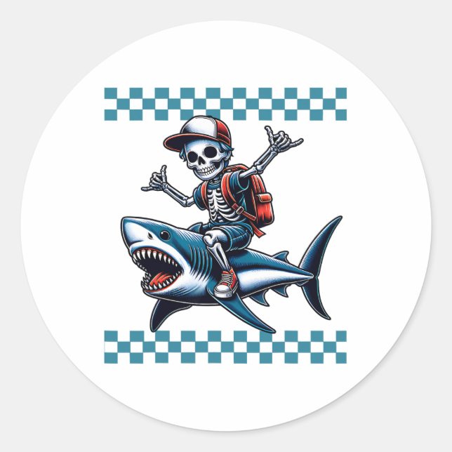 Sticker Rond Garçons squelette à cheval sur un requin retour à  (Devant)