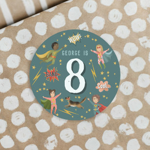 Sticker Rond Garçons Superhero Enfants Âge Anniversaire