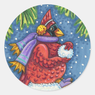 STICKER ROND GARDE CARDINAL SNOWMAN, CUTE NOËL REDBIRD