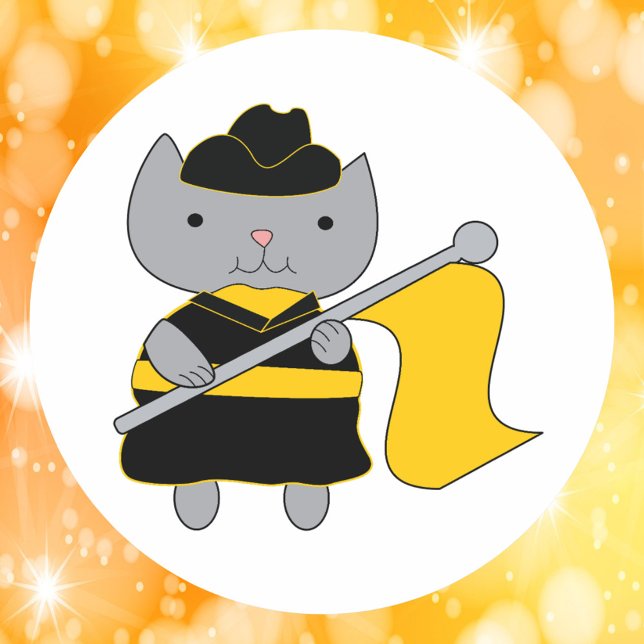 Sticker Rond Garde de couleur chat noir et jaune (A sticker featuring a gray cat wearing a black & yellow gold color guard uniform with a yellow flag.)