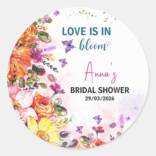 Sticker Rond Garden love is in bloom wildflower bridal shower (Devant)